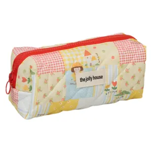 Estuche acolchado de dibujos con etiqueta "the jolly house" y cremallera roja