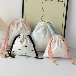 Sweet Bowknot Print Canvas Drawstring Pouch Girly Travel Makeup Storage Bag Desktop Sundries Organizer Small Cloth Pocket For Women