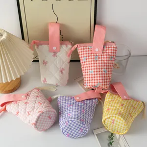 Trousse à Crayons en Coton Matelassé avec Nœud Style Ins Grande Capacité Sac de Rangement de Papeterie à Carreaux Porte-Stylo Pliable Pochette à Maquillage