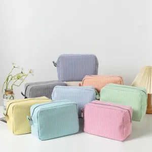 Seersucker Striped Makeup Bag Large Capacity Travel Toiletry Bag Portable Cosmetic Storage Bag For Women Cotton Linen Makeup Pouch