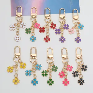 Cute Alloy Enamel Flower Keychain Pendant Rhinestone Shamrock Bag Charm Earphone Case Decoration DIY Jewelry Gift For Women Girls