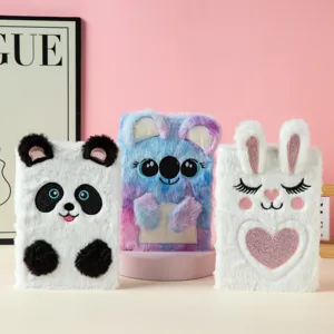 Set of three cute A5 plush notebooks with panda koala and rabbit cartoon embroidery