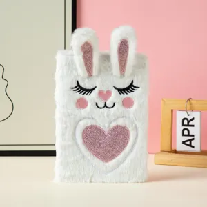 Cute white plush A5 notebook with embroidered rabbit face and pink heart decoration