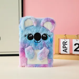 Front view of cute plush A5 notebook with koala embroidery and tie-dye fur