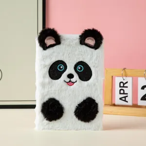 Cute A5 plush notebook featuring a 3D embroidered panda design and soft white fur