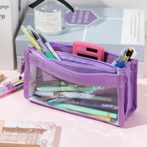 Close-up of purple large capacity transparent pencil case featuring three secure zipper sections