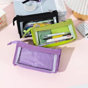 Group of large capacity transparent pencil cases in black, green, and purple colors