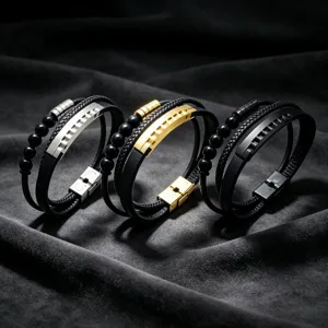 Bracelet homme multicouche en cuir tressé charme d'engrenage en acier inoxydable perle
