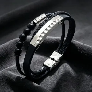 Bracelet en cuir multicouche pour hommes rétro perle noire engrenage en acier inoxydable