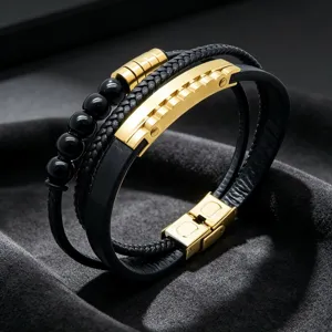 Bracelet en cuir multicouche pour homme perles noires engrenage en acier inoxydable
