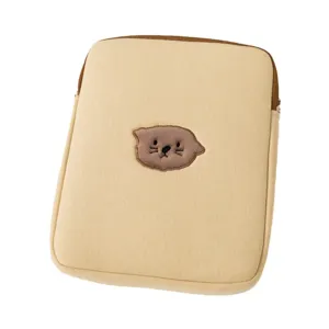 Beige minimalist padded laptop sleeve with cute embroidered cartoon otter face design