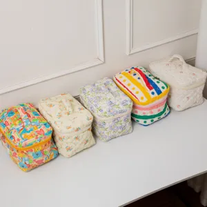 A row of five cute quilted floral cosmetic bags with portable handles and zippers