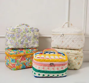 Various styles of large quilted floral cosmetic bags with top handles and zippers