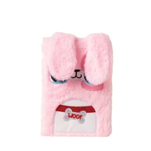 Soft pink plush notebook featuring a cute cartoon bunny ears design and WOOF embroidery