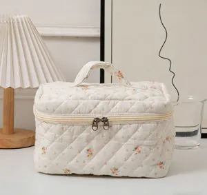Detail view of the quilted floral pattern and metal zipper on this large cosmetic bag
