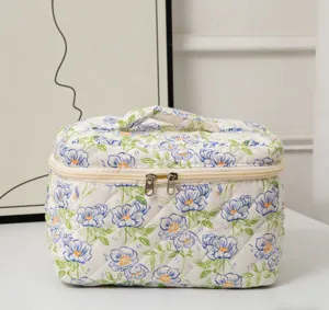 Large capacity quilted makeup bag with blue floral pattern and dual zippers