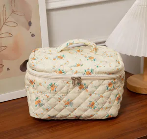 Detailed view of cream quilted makeup bag with vibrant orange floral prints on a table