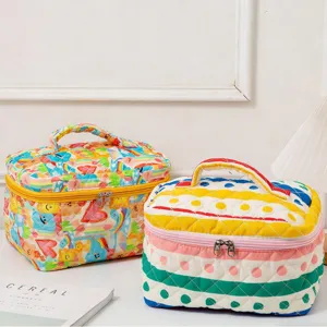Large capacity quilted cosmetic bags featuring colorful floral and polka dot designs