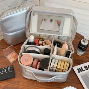 Professional silver PU leather makeup organizer bag with internal mirror and adjustable dividers