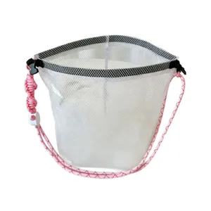 Large white mesh EVA waterproof beach bag with pink rope straps and buckle closure