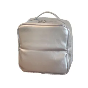 Large silver metallic PU leather cosmetic bag with top handle and zipper for travel