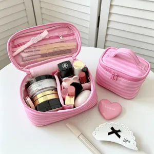 Rosa Gestreift Kosmetiktasche Mit Spiegel Tragbar Kulturbeutel Damen Reise Handheld Make-up Organizer Große Kapazität