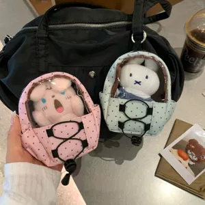 Miniature polka dot doll carrier backpack keychain accessory for small plush toy protection