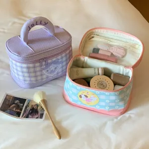 Geräumige Kulturtasche im koreanischen Stil mit Polka-Dot-Griff und süßen Mustern