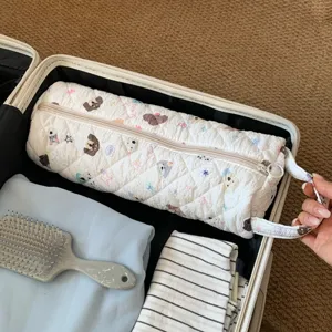 Quilted cartoon storage bag for hair tools shown inside an open travel suitcase with accessories