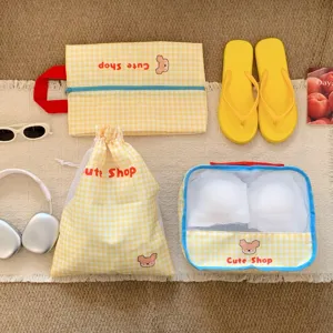 Yellow gingham travel storage bag set featuring cute bear prints and mesh panels