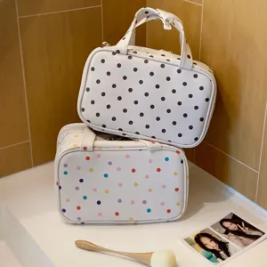 Koreanischer Stil Polka Dot PU Leder Drei Schichten Kosmetiktasche Große Kapazität Tragbare Reise Kulturbeutel Aufbewahrungstasche Für Damen