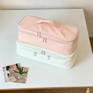 Portable large capacity double-layer hair dryer and styling tool storage bags in pink and white