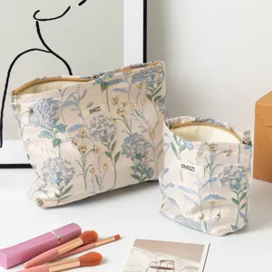 Primer plano de bolsas de cosméticos de jacquard floral con detalles de tela y cremallera.