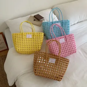 Sommer Handgewebte Kunststoff Tragetasche Dopamin Bunte Gitter Hohl Gemüsekorb Strand Urlaub Handtasche Für Damen