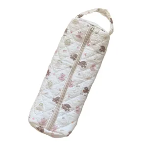 Quilted cartoon hair dryer storage bag with bear pattern and portable zipper handle