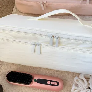 Detail view of large white double-layer storage bag with zippers and sturdy handle for hairdryer
