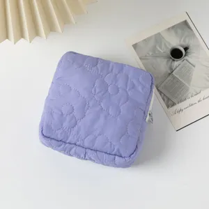 Detail view of a purple quilted storage pouch with floral stitching on a white background.
