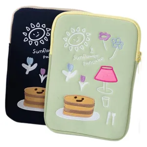 Embroidered laptop sleeve for iPad and notebooks featuring cute pancake and sun designs