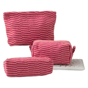 Three-piece knitted striped makeup bag set for cosmetic storage and pencil case