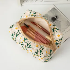 Große Segeltuch Kosmetiktasche mit Gänseblümchen-Stickerei für Pinsel