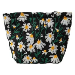 Große Canvas-Kosmetiktasche mit weißer Gänseblümchen-Stickerei auf schwarzem Stoff