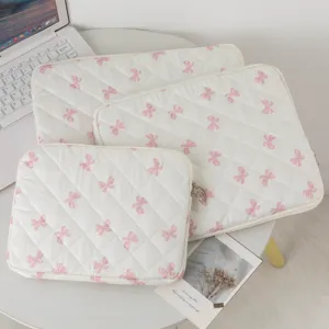 Χαριτωμένη Καπιτονέ Θήκη Tablet Laptop από Πολυεστέρα Με Καρό Φιόγκο Ανθικό Τύπωμα Αντικραδασμική Τσάντα Προστασίας Για iPad MacBook