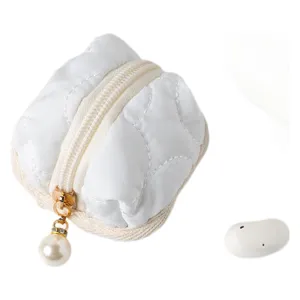 Puffy white quilted cotton earphone case protective cover with elegant pearl zipper charm
