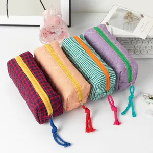 Astuccio a Quadri di Grande Capacità a Contrasto Stile Ins Trapuntato Pochette Cosmetici Borsa Portatile Organizer da Scrivania per Studenti