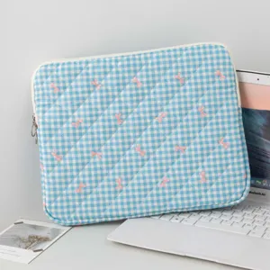 Λεπτομέρεια καπιτονέ θήκης iPad με γαλάζιο καρό σχέδιο και μικρούς ροζ φιόγκους