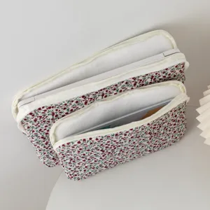 Detailed view of fresh floral quilted laptop and iPad sleeve set with white zipper