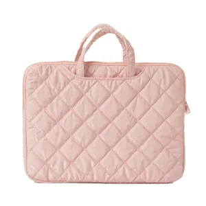 Stylish pink quilted laptop bag with handle and diamond pattern for large capacity storage
