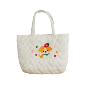 Cute puppy embroidery quilted tote bag in white for lunch shopping and daily use