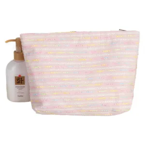 Grande borsa cosmetica in tweed intrecciato rosa con cerniera per il viaggio