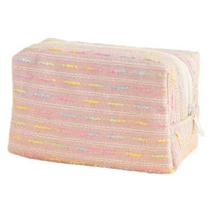 Grande borsa per cosmetici rosa a strisce arcobaleno con elegante trama in tessuto tweed